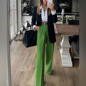 ZARA WOMAN GREEN PLEATED MID RISE WIDE LEG PANT TROUSERS - Apple Green